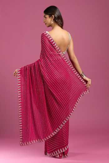 Samyukta Singhania_Pink Crepe, Chinon Embroidery Stripe Pattern Saree And Running Blouse Set _Online_at_Aza_Fashions