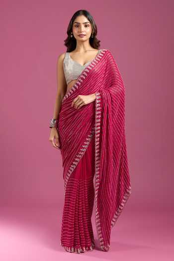 Samyukta Singhania_Pink Crepe, Chinon Embroidery Stripe Pattern Saree And Running Blouse Set _at_Aza_Fashions