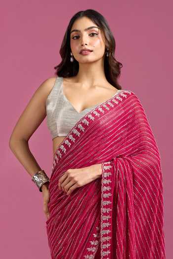 Buy_Samyukta Singhania_Pink Crepe, Chinon Embroidery Stripe Pattern Saree And Running Blouse Set 