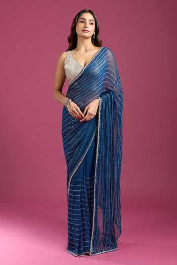 Samyukta Singhania Teal Crepe, Chinon Zari Embroidered Saree And Running Blouse Set at Aza Fashions Samyukta Singhania_Teal Crepe, Chinon Zari Embroidered Saree And Running Blouse Set _at_Aza_Fashions