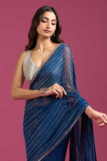 Shop Samyukta Singhania Teal Crepe, Chinon Zari Embroidered Saree And Running Blouse Set Shop_Samyukta Singhania_Teal Crepe, Chinon Zari Embroidered Saree And Running Blouse Set