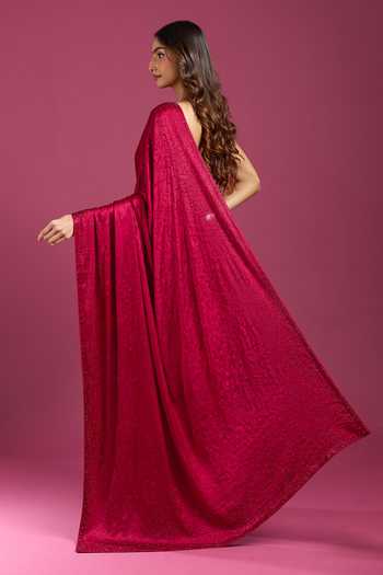 Samyukta Singhania_Maroon Crepe, Chinon Sequins Pure Saree And Running Blouse Set _Online_at_Aza_Fashions
