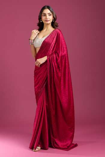 Buy_Samyukta Singhania_Maroon Crepe, Chinon Sequins Pure Saree And Running Blouse Set _Online_at_Aza_Fashions