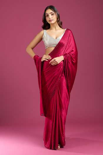 Samyukta Singhania_Maroon Crepe, Chinon Sequins Pure Saree And Running Blouse Set _at_Aza_Fashions