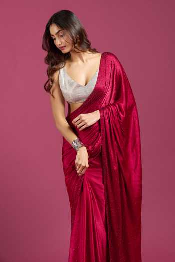 Buy_Samyukta Singhania_Maroon Crepe, Chinon Sequins Pure Saree And Running Blouse Set 