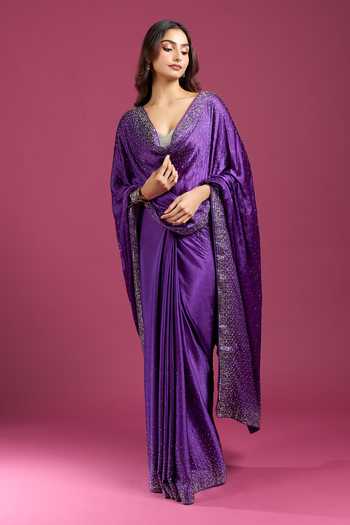 Samyukta Singhania_Purple Crepe, Chinon Stones Embroidered Border Saree And Running Blouse Set _at_Aza_Fashions