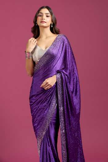 Buy_Samyukta Singhania_Purple Crepe, Chinon Stones Embroidered Border Saree And Running Blouse Set 