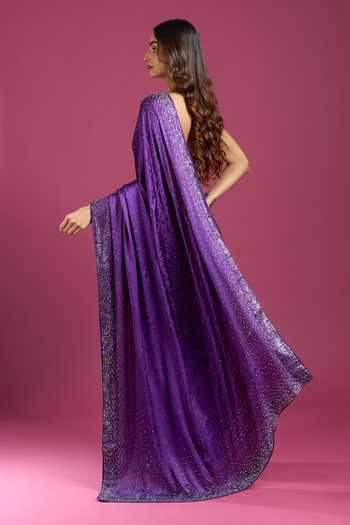 Samyukta Singhania_Purple Crepe, Chinon Stones Embroidered Border Saree And Running Blouse Set _Online_at_Aza_Fashions