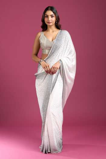 Shop Samyukta Singhania White Chinon, Crepe Sequins Embellished Pure Saree And Running Blouse Set Online at Aza Fashions Shop_Samyukta Singhania_White Chinon, Crepe Sequins Embellished Pure Saree And Running Blouse Set _Online_at_Aza_Fashions