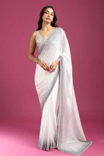 Samyukta Singhania White Chinon, Crepe Sequins Embellished Pure Saree And Running Blouse Set at Aza Fashions Samyukta Singhania_White Chinon, Crepe Sequins Embellished Pure Saree And Running Blouse Set _at_Aza_Fashions
