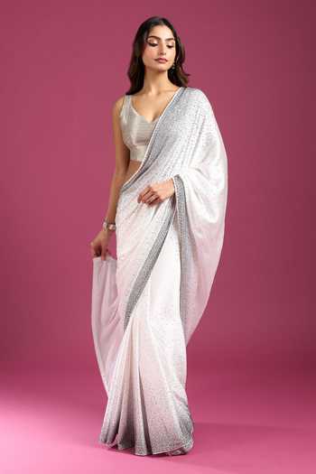 Buy Samyukta Singhania White Chinon, Crepe Sequins Embellished Pure Saree And Running Blouse Set Buy_Samyukta Singhania_White Chinon, Crepe Sequins Embellished Pure Saree And Running Blouse Set