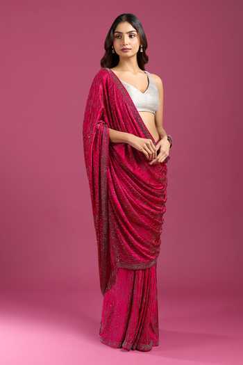 Shop Samyukta Singhania Pink Crepe, Chinon Sequins Pure Saree And Running Blouse Set Online at Aza Fashions Shop_Samyukta Singhania_Pink Crepe, Chinon Sequins Pure Saree And Running Blouse Set _Online_at_Aza_Fashions
