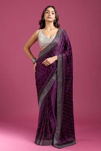 Shop Samyukta Singhania Wine Crepe, Chinon Sequins Embellished Pure Saree And Running Blouse Set Online at Aza Fashions Shop_Samyukta Singhania_Wine Crepe, Chinon Sequins Embellished Pure Saree And Running Blouse Set _Online_at_Aza_Fashions