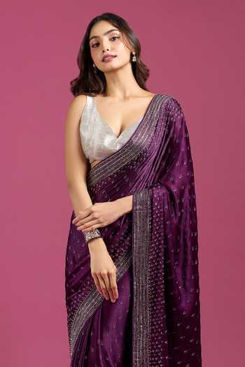 Buy Samyukta Singhania Wine Crepe, Chinon Sequins Embellished Pure Saree And Running Blouse Set Buy_Samyukta Singhania_Wine Crepe, Chinon Sequins Embellished Pure Saree And Running Blouse Set