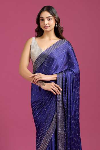 Shop Samyukta Singhania Blue Crepe, Chinon Sequins Embellished Saree And Running Blouse Set Online at Aza Fashions Shop_Samyukta Singhania_Blue Crepe, Chinon Sequins Embellished Saree And Running Blouse Set _Online_at_Aza_Fashions