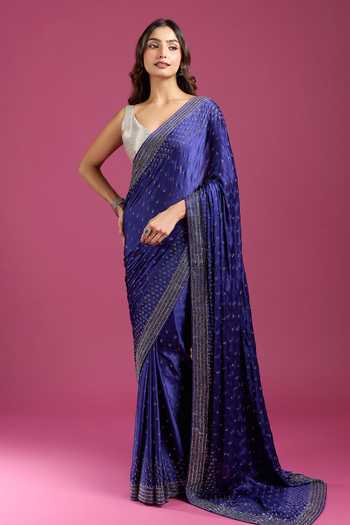 Samyukta Singhania Blue Crepe, Chinon Sequins Embellished Saree And Running Blouse Set at Aza Fashions Samyukta Singhania_Blue Crepe, Chinon Sequins Embellished Saree And Running Blouse Set _at_Aza_Fashions