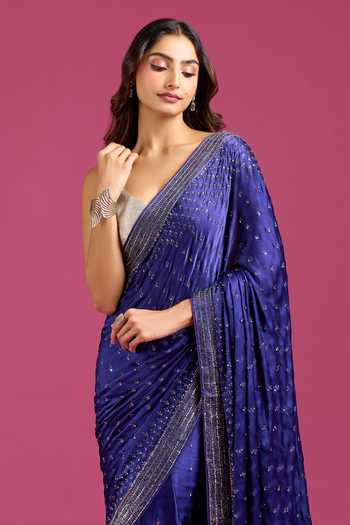 Buy Samyukta Singhania Blue Crepe, Chinon Sequins Embellished Saree And Running Blouse Set Buy_Samyukta Singhania_Blue Crepe, Chinon Sequins Embellished Saree And Running Blouse Set