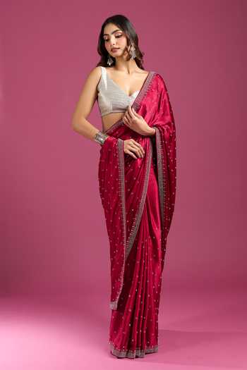 Shop Samyukta Singhania Maroon Crepe, Chinon Stones Embellished Saree And Running Blouse Set Online at Aza Fashions Shop_Samyukta Singhania_Maroon Crepe, Chinon Stones Embellished Saree And Running Blouse Set _Online_at_Aza_Fashions