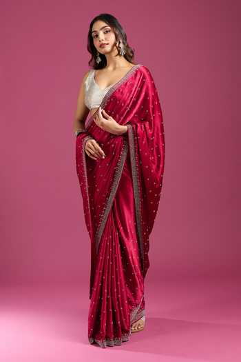 Samyukta Singhania Maroon Crepe, Chinon Stones Embellished Saree And Running Blouse Set at Aza Fashions Samyukta Singhania_Maroon Crepe, Chinon Stones Embellished Saree And Running Blouse Set _at_Aza_Fashions