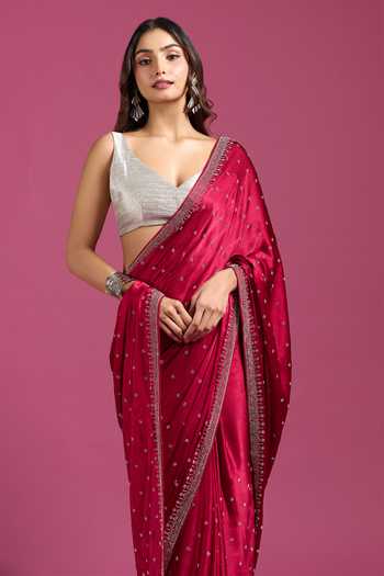 Buy Samyukta Singhania Maroon Crepe, Chinon Stones Embellished Saree And Running Blouse Set Buy_Samyukta Singhania_Maroon Crepe, Chinon Stones Embellished Saree And Running Blouse Set