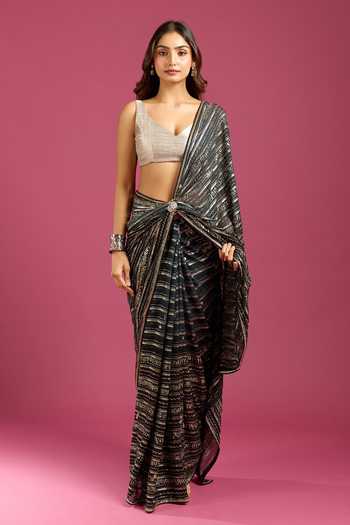 Shop Samyukta Singhania Black Crepe, Chinon Zari Stripe Pattern Saree And Running Blouse Set Online at Aza Fashions Shop_Samyukta Singhania_Black Crepe, Chinon Zari Stripe Pattern Saree And Running Blouse Set _Online_at_Aza_Fashions