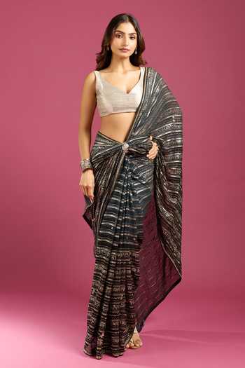 Buy Samyukta Singhania Black Crepe, Chinon Zari Stripe Pattern Saree And Running Blouse Set at Aza Fashions Buy_Samyukta Singhania_Black Crepe, Chinon Zari Stripe Pattern Saree And Running Blouse Set _at_Aza_Fashions