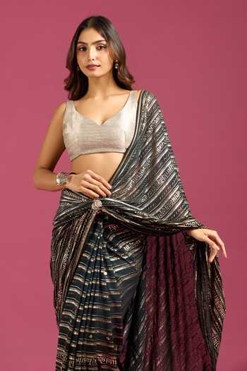 Buy Samyukta Singhania Black Crepe, Chinon Zari Stripe Pattern Saree And Running Blouse Set Buy_Samyukta Singhania_Black Crepe, Chinon Zari Stripe Pattern Saree And Running Blouse Set