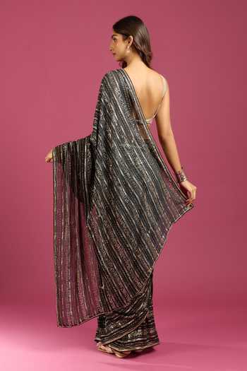 Samyukta Singhania Black Crepe, Chinon Zari Stripe Pattern Saree And Running Blouse Set Online at Aza Fashions Samyukta Singhania_Black Crepe, Chinon Zari Stripe Pattern Saree And Running Blouse Set _Online_at_Aza_Fashions