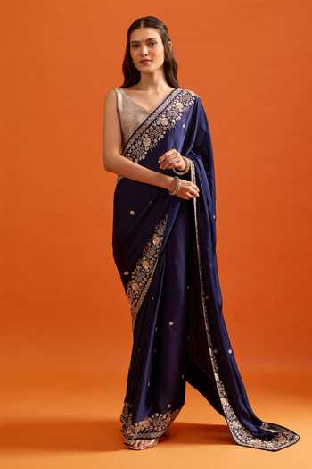 Shop Samyukta Singhania Blue Embroidery, Zari Saree And Running Blouse Set Online at Aza Fashions Shop_Samyukta Singhania_Blue Embroidery, Zari Saree And Running Blouse Set _Online_at_Aza_Fashions