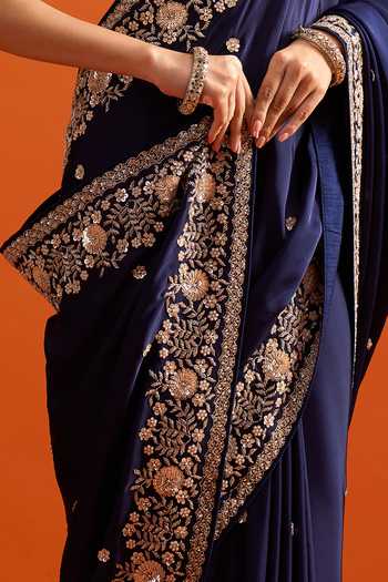Buy Samyukta Singhania Blue Embroidery, Zari Saree And Running Blouse Set Buy_Samyukta Singhania_Blue Embroidery, Zari Saree And Running Blouse Set