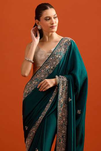 Shop Samyukta Singhania Green Zari, Mirrors Embroidered Saree And Running Blouse Set Shop_Samyukta Singhania_Green Zari, Mirrors Embroidered Saree And Running Blouse Set