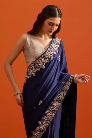 Shop Samyukta Singhania Blue Embroidery, Zari Saree And Running Blouse Set Shop_Samyukta Singhania_Blue Embroidery, Zari Saree And Running Blouse Set
