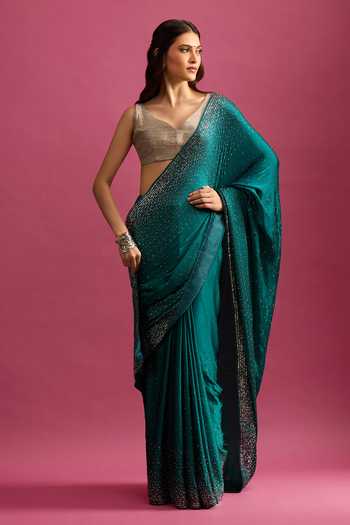 Shop_Samyukta Singhania_Green Crepe, Chinon Sequins Embellished Saree And Running Blouse Set _Online_at_Aza_Fashions