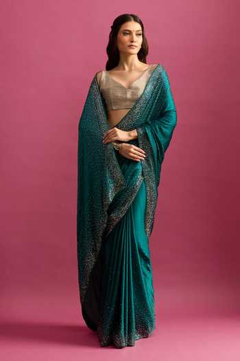 Samyukta Singhania_Green Crepe, Chinon Sequins Embellished Saree And Running Blouse Set _at_Aza_Fashions