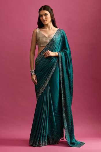 Buy_Samyukta Singhania_Green Crepe, Chinon Sequins Embellished Saree And Running Blouse Set 