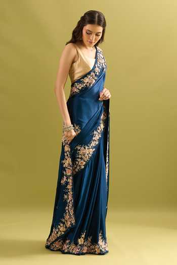 Buy_Samyukta Singhania_Navy Crepe, Chinon Embroidery Pure Saree And Running Blouse Set _Online_at_Aza_Fashions