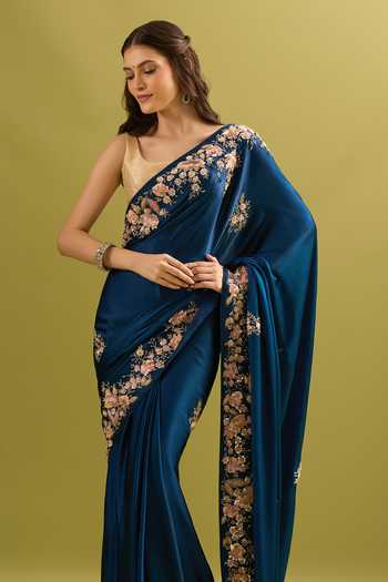 Shop_Samyukta Singhania_Navy Crepe, Chinon Embroidery Pure Saree And Running Blouse Set _Online_at_Aza_Fashions