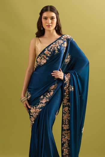 Samyukta Singhania_Navy Crepe, Chinon Embroidery Pure Saree And Running Blouse Set _at_Aza_Fashions