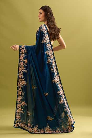 Samyukta Singhania_Navy Crepe, Chinon Embroidery Pure Saree And Running Blouse Set _Online_at_Aza_Fashions