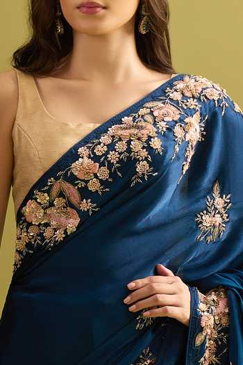 Shop_Samyukta Singhania_Navy Crepe, Chinon Embroidery Pure Saree And Running Blouse Set 