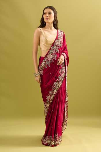 Shop_Samyukta Singhania_Maroon Crepe, Chinon Embroidery, Sequins, Zari Saree And Running Blouse Set _Online_at_Aza_Fashions