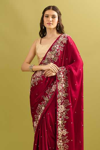 Samyukta Singhania_Maroon Crepe, Chinon Embroidery, Sequins, Zari Saree And Running Blouse Set _at_Aza_Fashions