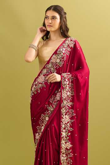Buy_Samyukta Singhania_Maroon Crepe, Chinon Embroidery, Sequins, Zari Saree And Running Blouse Set 
