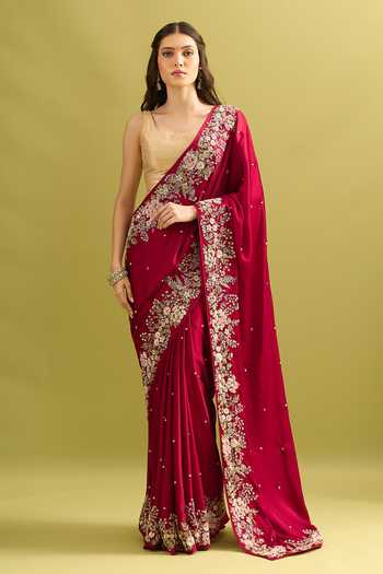 Shop_Samyukta Singhania_Maroon Crepe, Chinon Embroidery, Sequins, Zari Saree And Running Blouse Set 