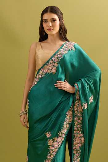 Buy_Samyukta Singhania_Green Crepe, Chinon Embroidery Pure Saree And Running Blouse Set _Online_at_Aza_Fashions