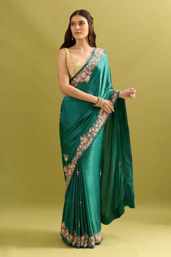 Shop_Samyukta Singhania_Green Crepe, Chinon Embroidery Pure Saree And Running Blouse Set _Online_at_Aza_Fashions