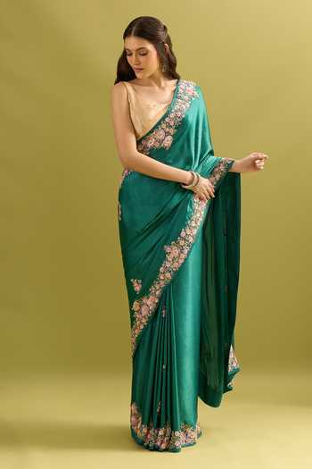 Samyukta Singhania_Green Crepe, Chinon Embroidery Pure Saree And Running Blouse Set _at_Aza_Fashions