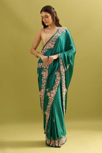 Shop_Samyukta Singhania_Green Crepe, Chinon Embroidery Pure Saree And Running Blouse Set 