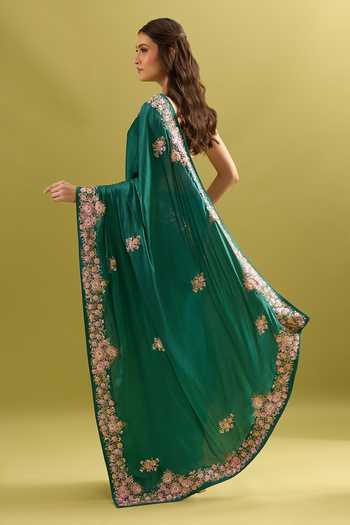 Samyukta Singhania_Green Crepe, Chinon Embroidery Pure Saree And Running Blouse Set _Online_at_Aza_Fashions