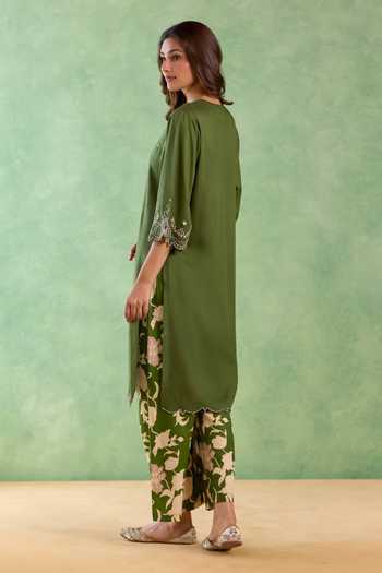 Nero India Moss Petal Scallop Kurta & Flared Pant Set 